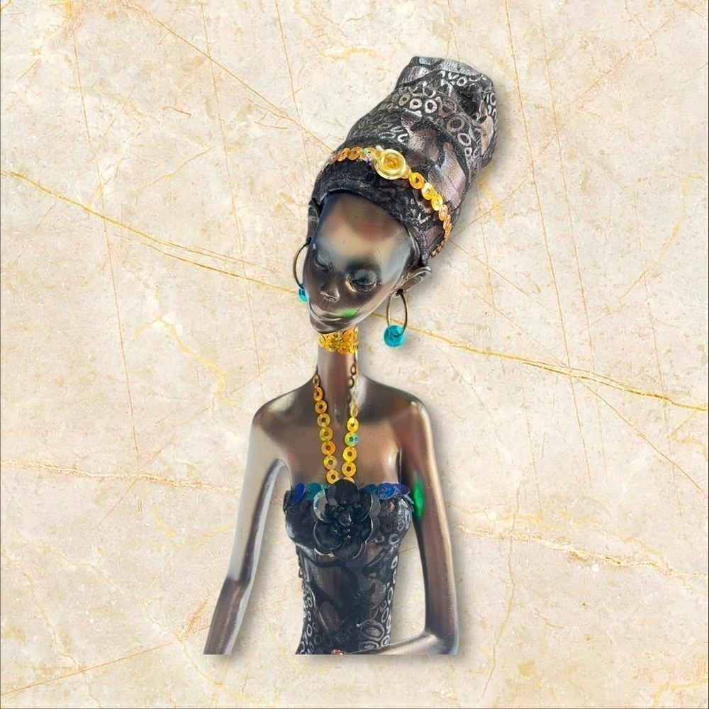 African Woman Figurine Hand Painted Tribal Culture Sculpture 10.5" Decor - Picture 5 of 14